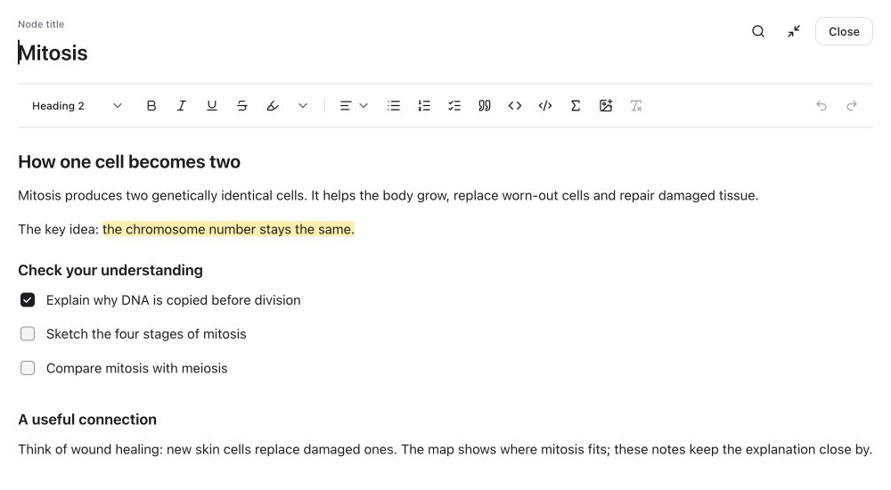 Mappy expanded notes showing headings, an explanation, and a study checklist